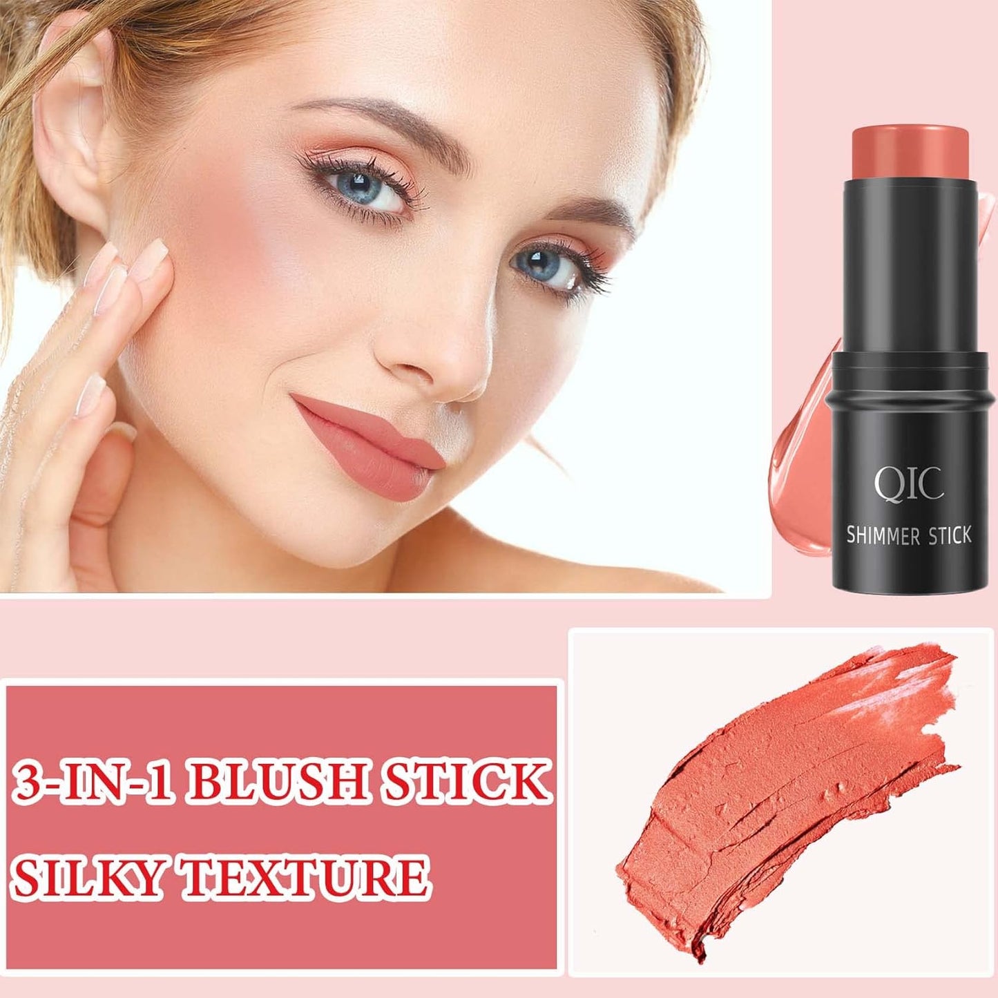 Cream Contour Blush Stick,Long Lasting Waterproof Blush Stick for Cheeks&Lips Multipurpose Face Highlighting Concealing Cream,Shimmer Contour Stick Makeup for Women(Rose Red)