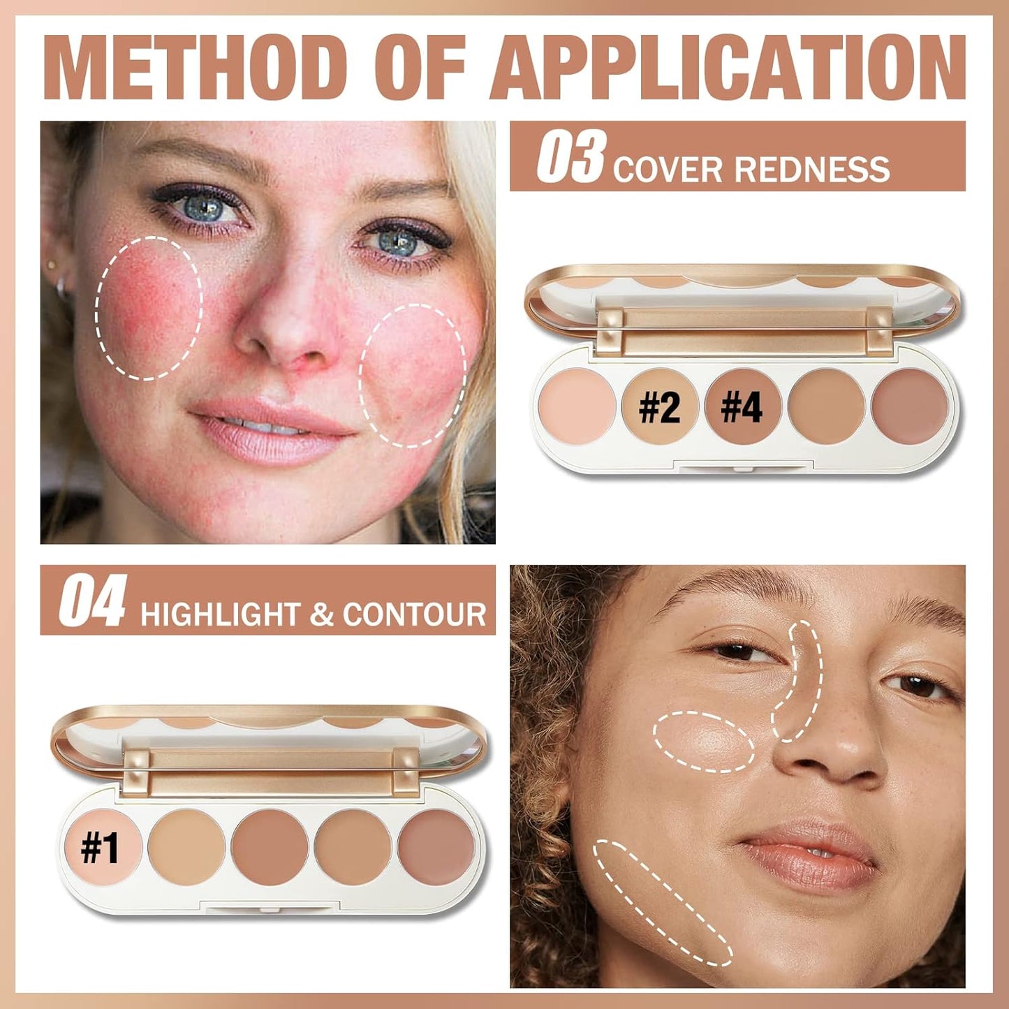 FOCALLURE #GoldenAge 5 in 1 Multi Uses Concealer Palette, 5 Colors Correcting Conceal Palette, Camouflage Contour Palettes for Dark Circles, Face Contouring Highlighter Pallet, 01 LIGHT-MEDIUM