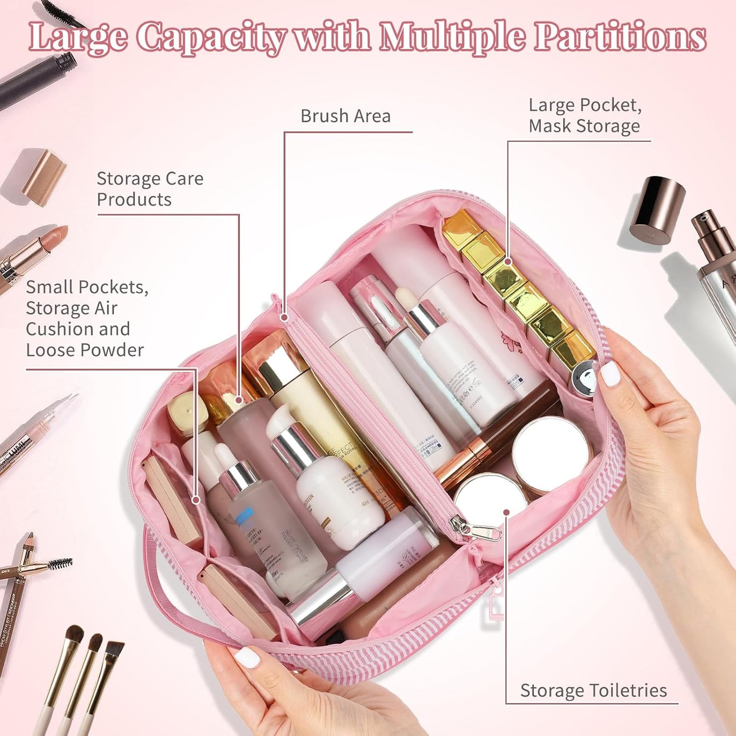 Travel Makeup Bag for Women, 2Pcs Portable Personalized Initial Makeup Organizer Bag, Open Flat Large Cosmetic Bag With Travel Essential Pouch (Pink Letter Y)