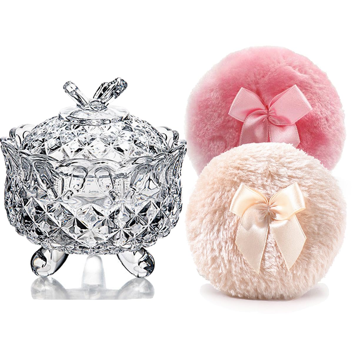 Luxury 4 Inch Glass Loose Powder Container with 2 Soft 3.5" Puffs|Non-Sealed Refillable Organizer Storage for Body Powder Makeup & Jewelry & Setting Applicator(Butterfly-Clear)
