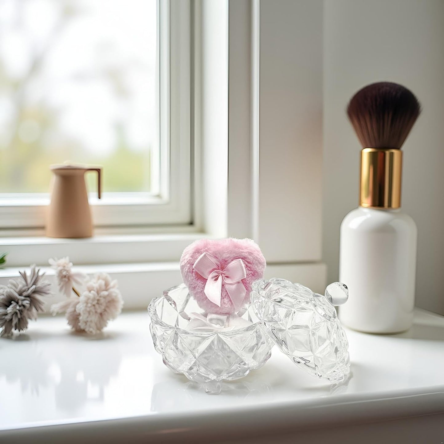 Body Powder Puff and Container - Glass Dusting Powder Container with 2 Soft Puffs Vintage Powder Puff Case for Women & Girls (3.94x3.94x4.53 H IN) - GRB012-Transparent