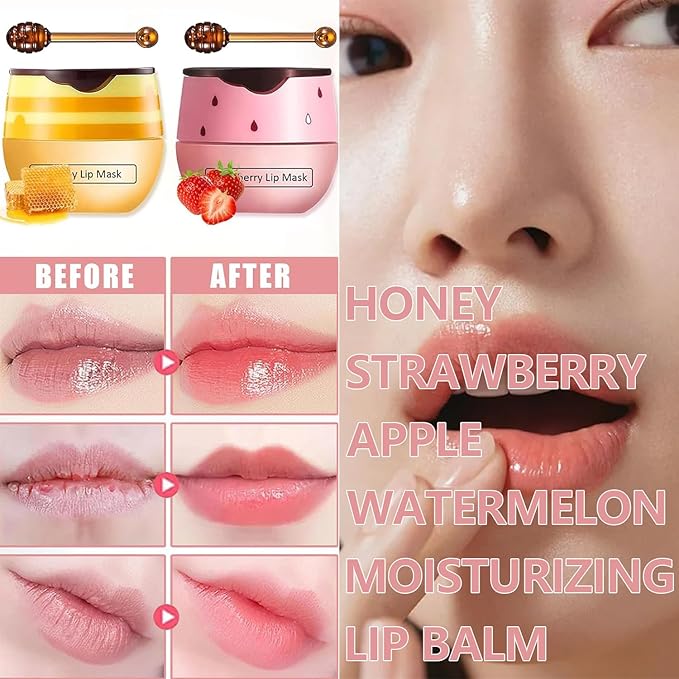 2 PCS Bee Lip Balm Honey Pot, Strawberry & Watermelon Lip Sleeping Masks Overnight, Hydrating Prevention Dry and Cracked Lip Scrubs Exfoliator Lip Care, Reduces Lip Lines