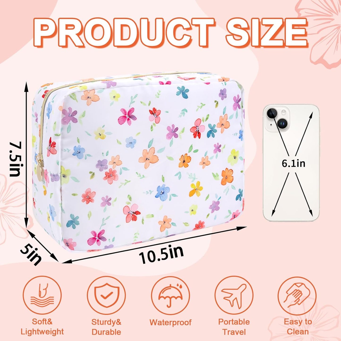Waterproof Large Floral Makeup Pouch,Nylon Travel Toiletry Storage Purse Preppy Cosmetic Bag for Women Girl,Large Capacity Makeup Organizer Zipper Pouch for Work(L Colorful-Flowers)