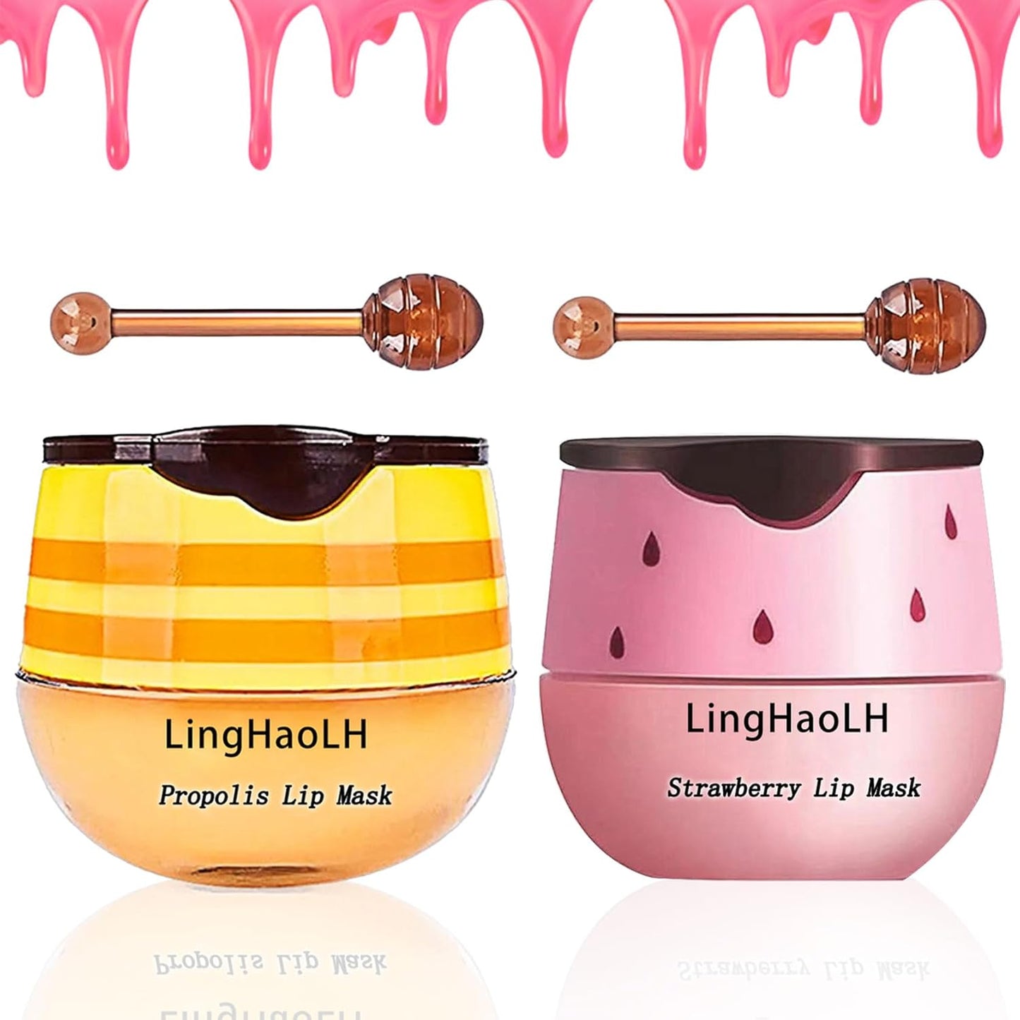 2PCS Bee Lip Balm,Hydrating Honey Pot Lip Balm with Stick,Non-Greasy Silky Sleeping Lip Mask Set,Long Lasting Lip Scrubs Moisturizer for Dry Cracked Lips(Honey +Strawberry)