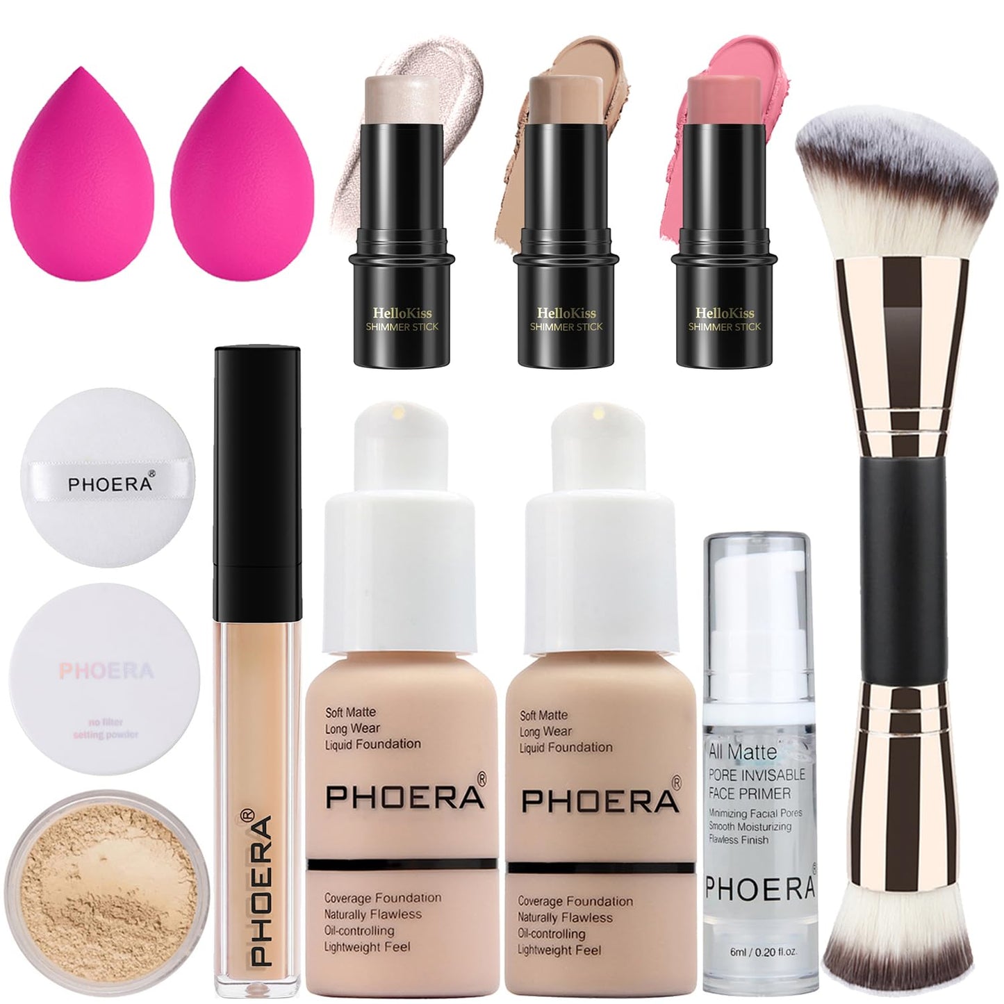 PHOERA Foundation,3 PCS Contour Stick Makeup Kit, Shades with Highlighter Stick, Blush Stick and Bronzer Contour Stick for Sculpt the Cheeks (101+102+ Fair Contour/Porcelain+ Nude+#01,#08,#13)