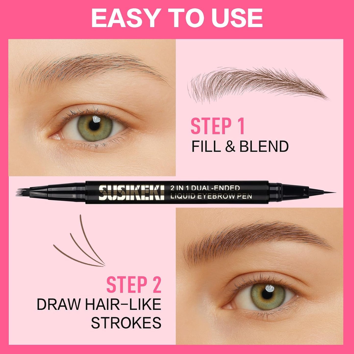 Dual Ended Microblading Eyebrow Pen - 2 in 1 Liquid Eyebrow Pencil with Brow-Fection Angled Brush & Precise Detail Brush-Tip, Shapes & Fills HairLike Looking Brows, Lasts All-Day, Soft Black