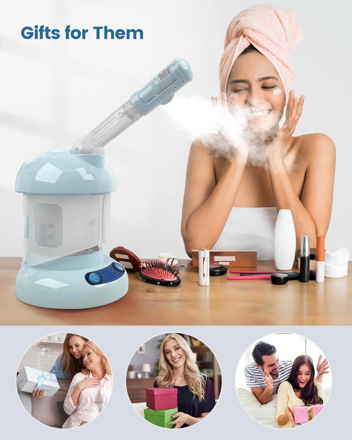 Kingsteam Tabletop Facial Steamer - Ozone Steamer with 360° Rotatable Arm - Professional Nano Ionic Facial Steamer for Deep Cleaning - Portable for Personal Care Use at Home or Salon, Blue