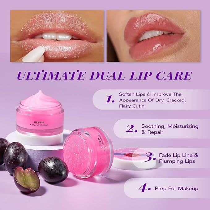 ANAI RUI Lip Therapy Set, Lip Scrub & Lip Mask, Overnight Hydrating Lip Moisturizer with Lip Exfoliator Scrub and Lip Sleeping Mask for Lip Plumping, Lip Gift Kit for Dry, Chapped, Dark Lips, Grape
