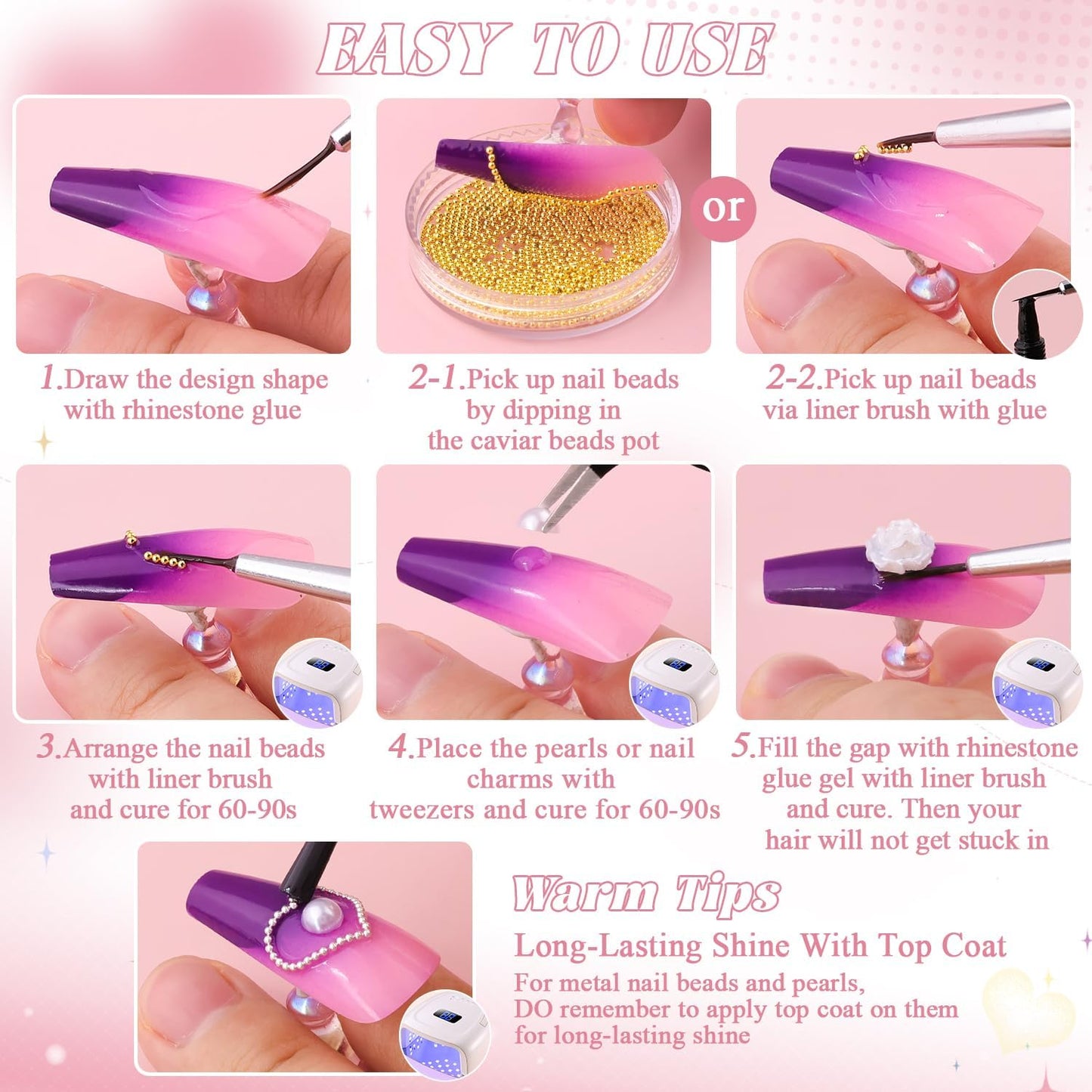 2 Boxes Flatback Pearls (White) and Metal Nail Beads (Silver) with Rhinestones Glue Gel for Nail Art, Pearl Nail Charms and Round Caviar Beads Nail Accessories for Acrylic Nail Tips Manicure Decor