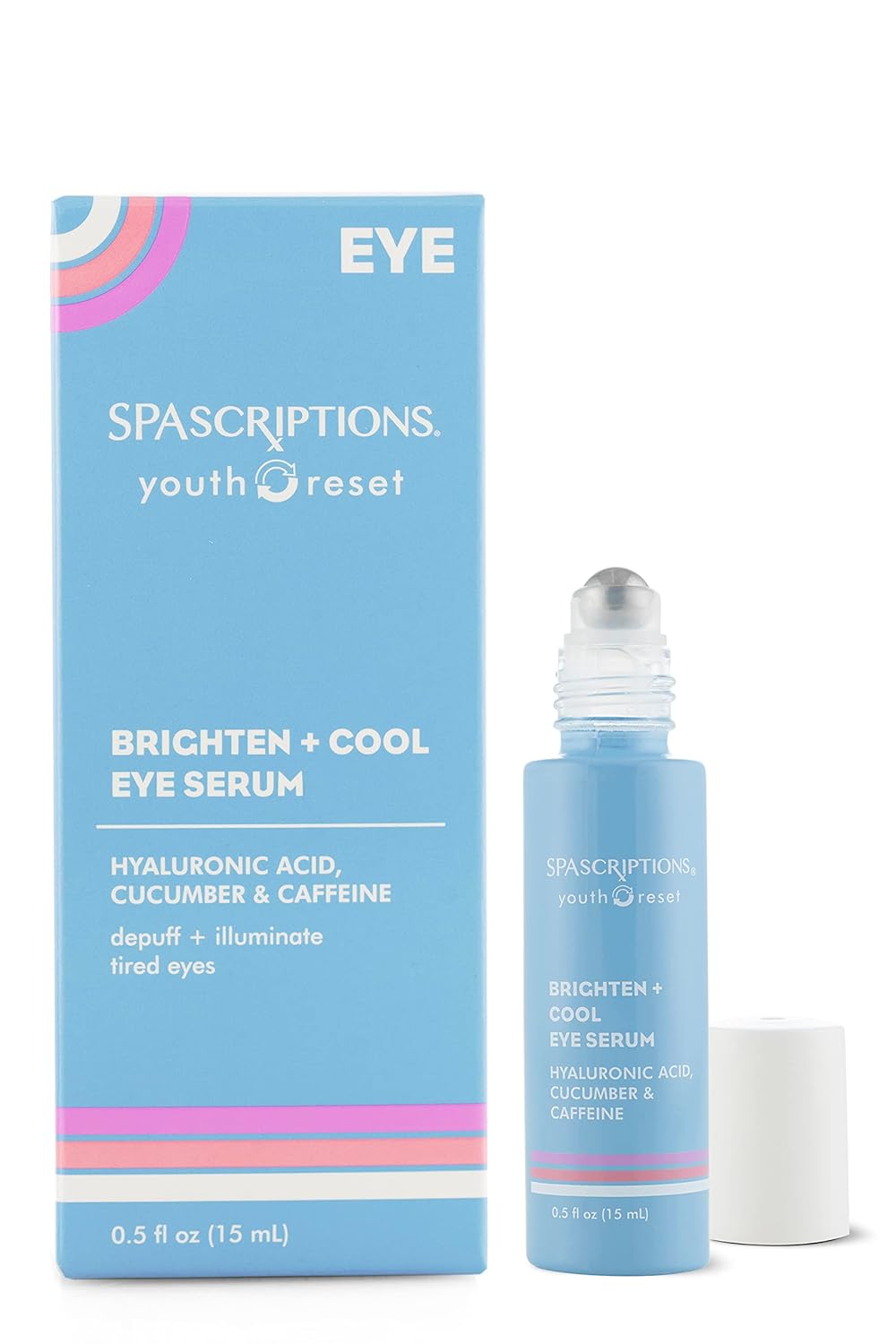 Brighten + Cool Eye Serum with Hyaluronic Acid, Cucumber & Caffeine to Depuff Eyes and Roller Ball Applicator to Improve Lymphatic Drainage - 0.5 fl oz