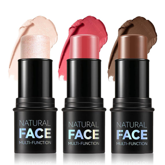 3PCS Cream Contour Stick Makeup Kit Face Highlighter Bronzer Blush Stick Long Lasting Illuminator Highlighters Makeup Stick for All Skin Tones(02 Champagne Gold+05 Rugosa Rose+06 Espresso)