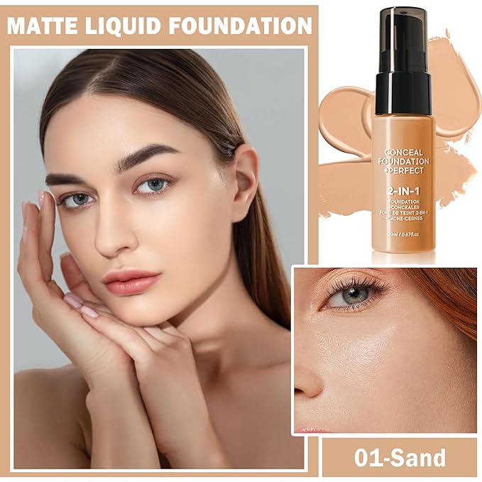 Concealer Full Coverage Foundation for Mature Skin,Oil Control Matte 2 in 1 Concealer liquid Foundation Makeup Waterproof Base De Maquillaje Alta Cobertura-01 Sand