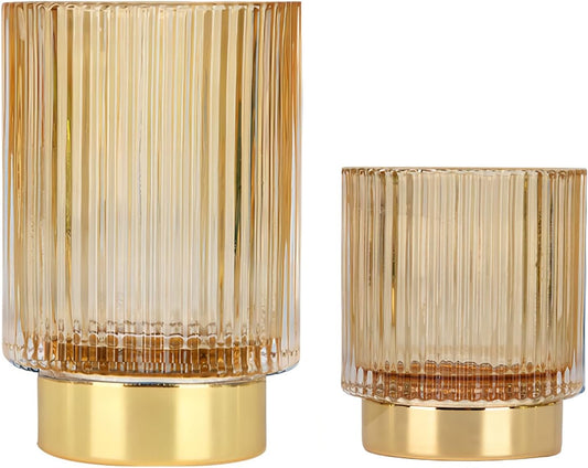 DASITON Makeup Brush holder Organizer,Crystal Cosmetic Makeup Brush Glass Brushes Storage Holder, Vintage Make Up Brush Cup Pen Pencil Holder striped vase(Coffee S+L)