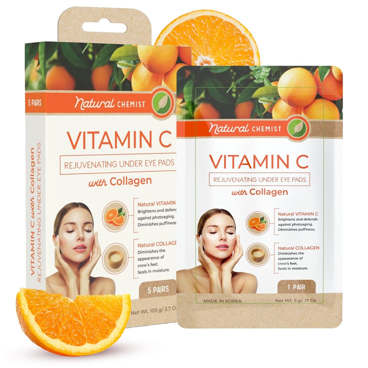Vitamin C & Collagen Eye Pads - 5 Pairs, Reduce Dark Circles, Puffiness, Fine Lines, Anti Aging Under Eye Patches, Cruelty Free, Korean Skin Care, All Skin Types
