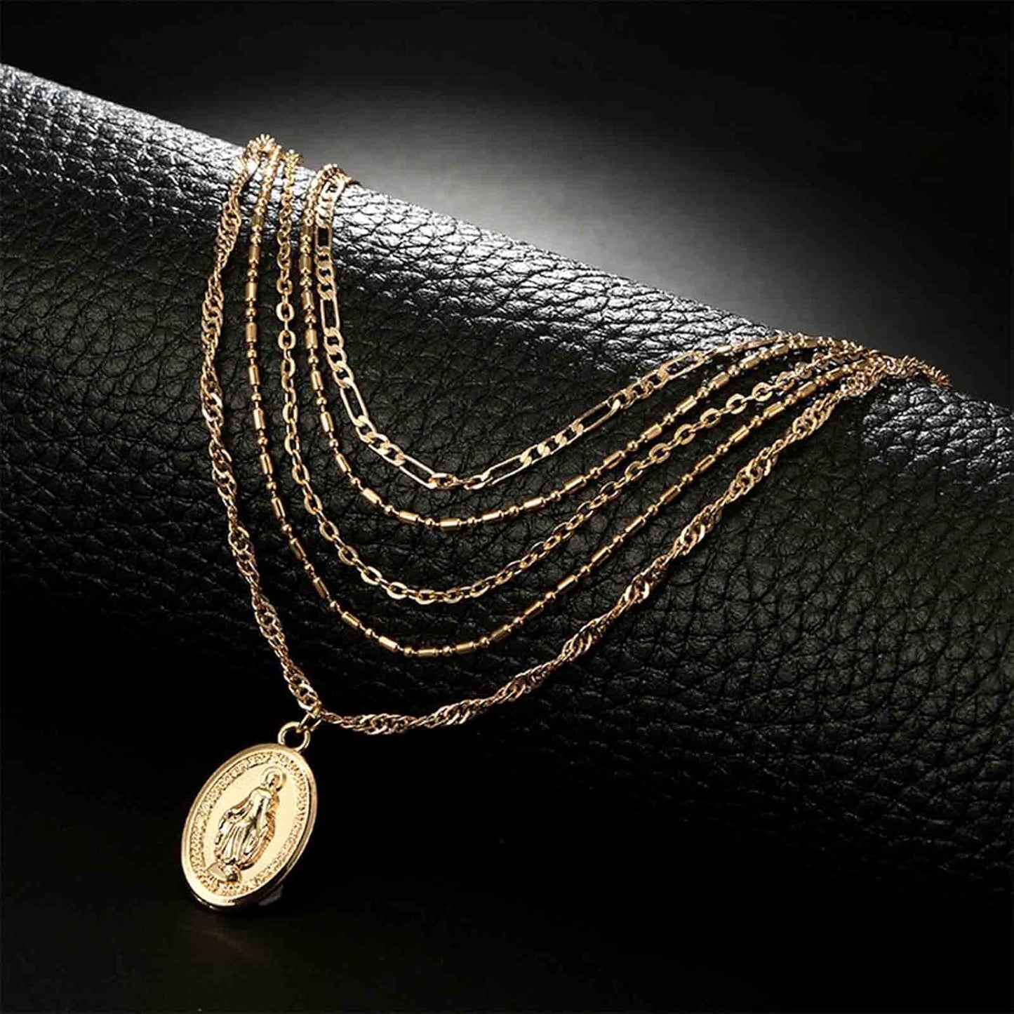 Boho Layered Oval Coin Necklace Choker Gold Virgin Mary Necklace Figaro Chain Necklace Vintage Multilayer Necklace Chain Jewelry for Women and Girls