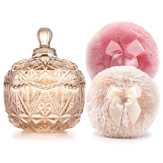 Luxury 4 Inch Glass Loose Powder Container with 2 Soft 3.5" Puffs|Non-Sealed Refillable Organizer Storage for Body Powder Makeup & Jewelry & Setting Applicator(Crown-Amber)