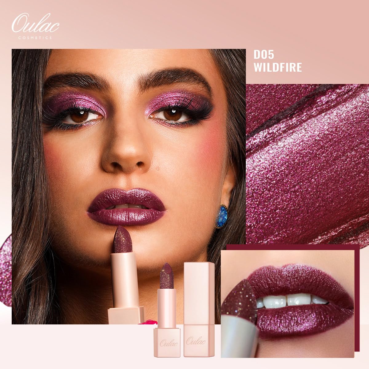 Oulac Shimmer Purple Lipstick for Women, Infinity High Shine Finish, Hydrating Lip Color Infused with Damask Rose Oil for All-Day Comfort, Gluten-Free Vegan Beauty, D05 Wildfire