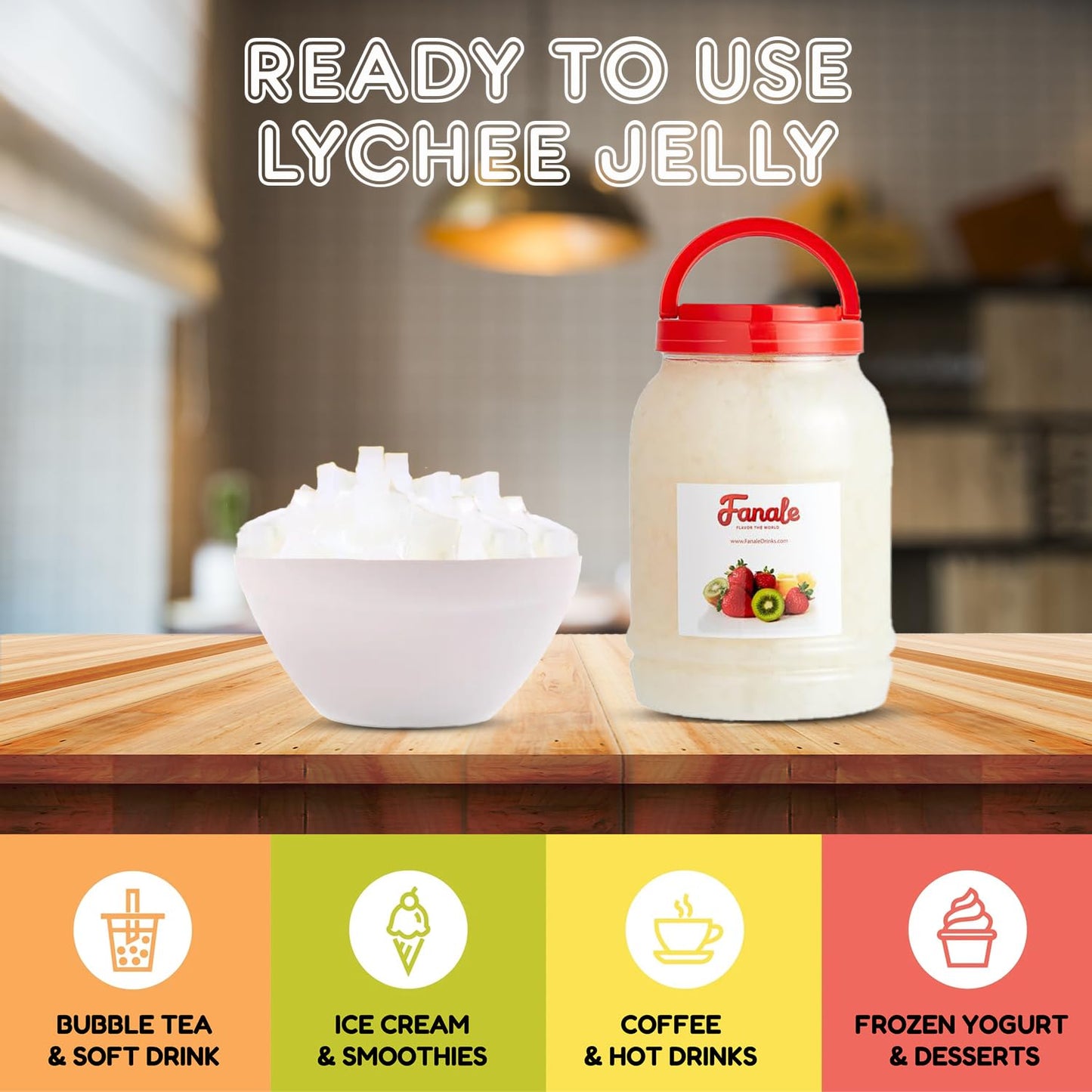 Fanale Coconut Jelly Topping nata de coco for Bubble Tea 8.3 lb | Lychee Jelly | for Boba Tea, Smoothies, Slushes, Desserts | 8.3 pound (Pack of 4) | JEL005-CS