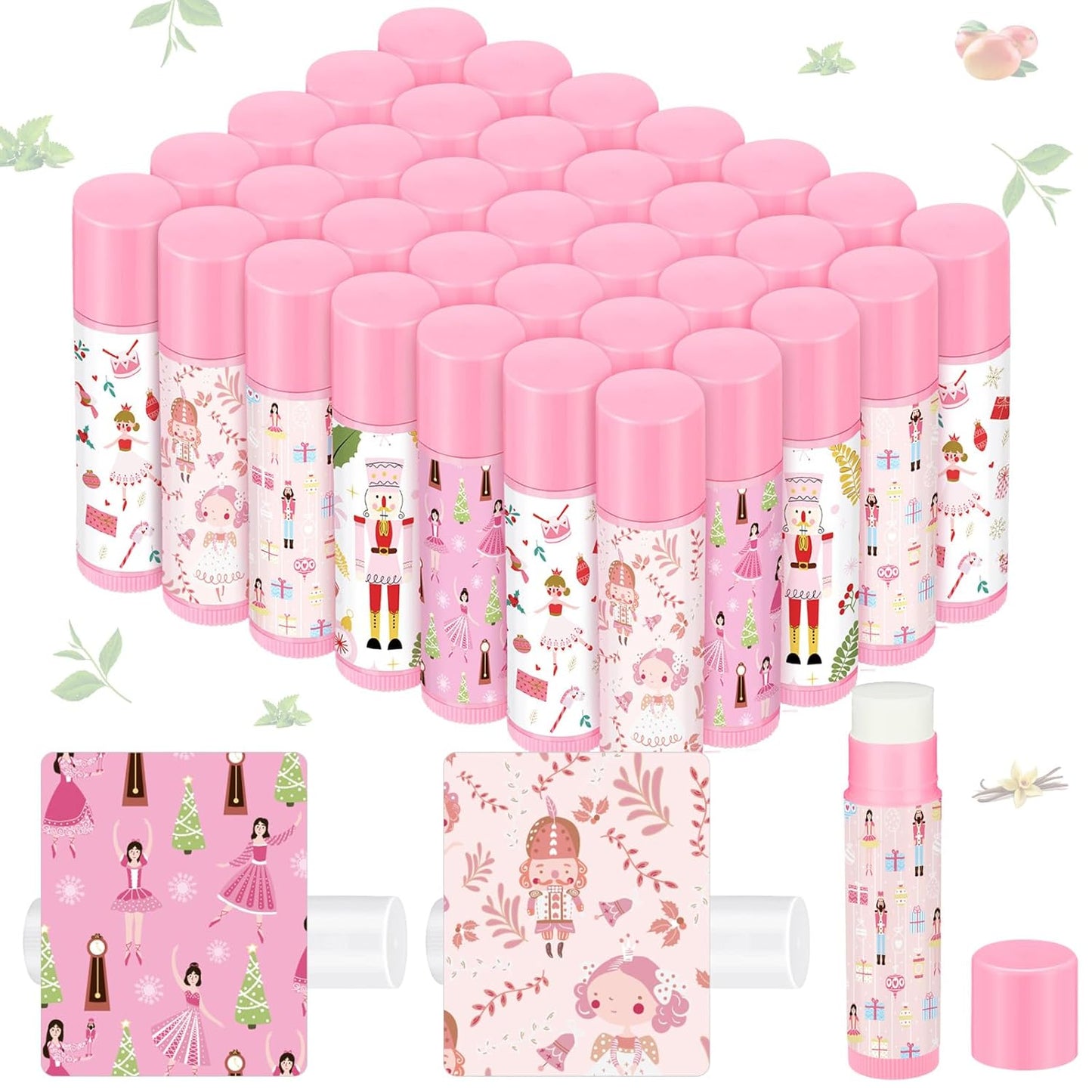 Dunzy 50 Pcs Christmas Lip Balm Gifts Bulk Pink Christmas Nutcracker Themed Lip Balm Xmas Lip Moisturize for Lip Care Xmas Holiday Party Stocking Stuffers, 5 Flavors
