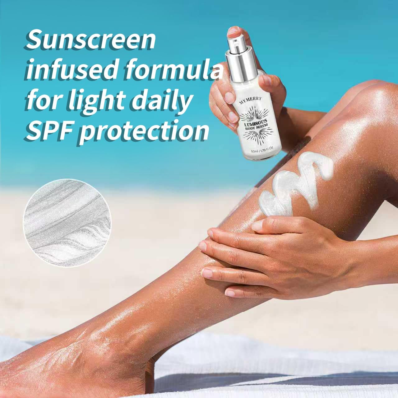 Body Shimmer Oil, 50ml Sunscreen Liquid Highlighter Bronzer Body Glitter Oil Long Lasting Moisturizing Makeup Lotion Illuminate Serum Glow Shimmer Skin 1.7 Fl Oz(Shining White #03)