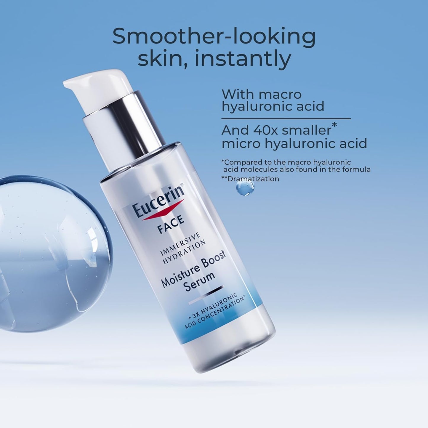 Eucerin Face Immersive Hydration Moisture Boost Face Serum, Ultra-Lightweight Hyaluronic Acid Serum Improves the Look of Fine Lines and Wrinkles, Facial Moisturizer for All Skin Types, 1 Fl Oz Bottle