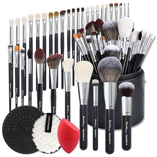 Bueart Design Pro makeup Artist 34Pcs Deluxe Real Goat Hair Horse hair Makeup Brushes Set with extra Large Holder High End Professional labeled makeup brush set with natural Pony Hair