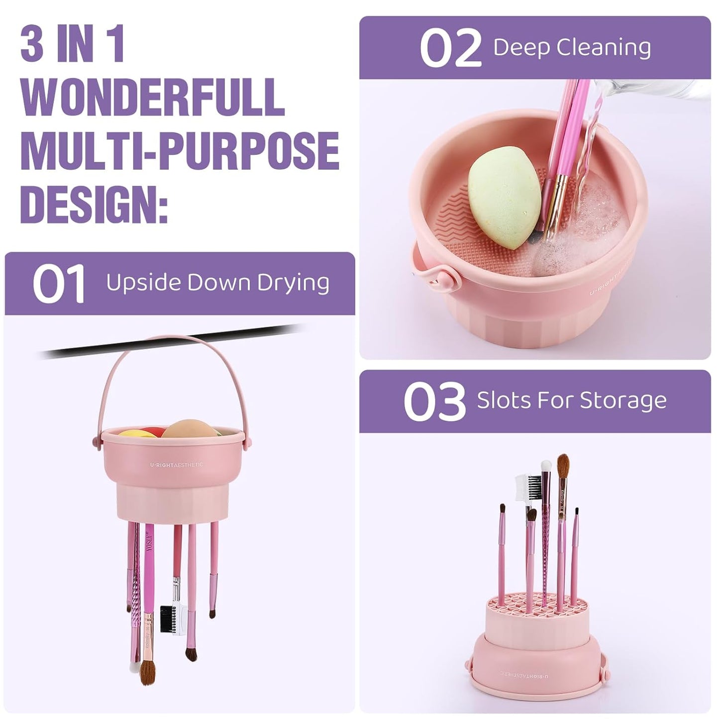 Makeup Brush Cleaner Mat 3 in 1 Silicone Makeup Brush Cleaner Bowl Cosmetic Brushes Cleaning Tool Organizer for Storage and Air Drying(Khkai