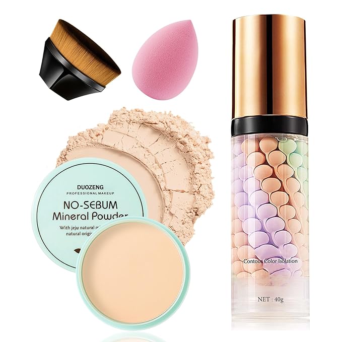 One Step Color Corrector,Natural Isolation Cream,Face Primer Makeup Tricolor Moisturizer,Correcting Primer Concealer Foundation,Setting Powder,Makeup Brushes,Makeup Sponges๏ผ4PCS)