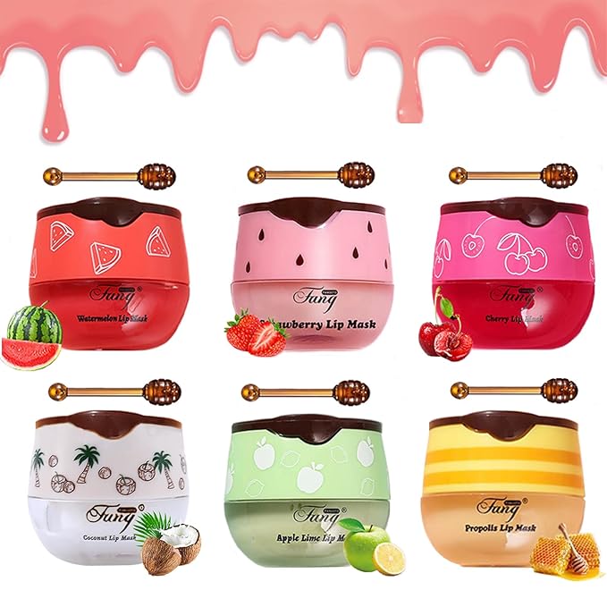 6PCS Bee Lip Balm Honey Pot๏ผHoney&Strawberry&Watermelon&Cherry&Apple&Coconut Lip Mask Overnight Propolis Moisturizing Lip Balm Hydrating Prevention Dry and Crack Lip Scrubs Exfoliator Lip Wrinkle Care