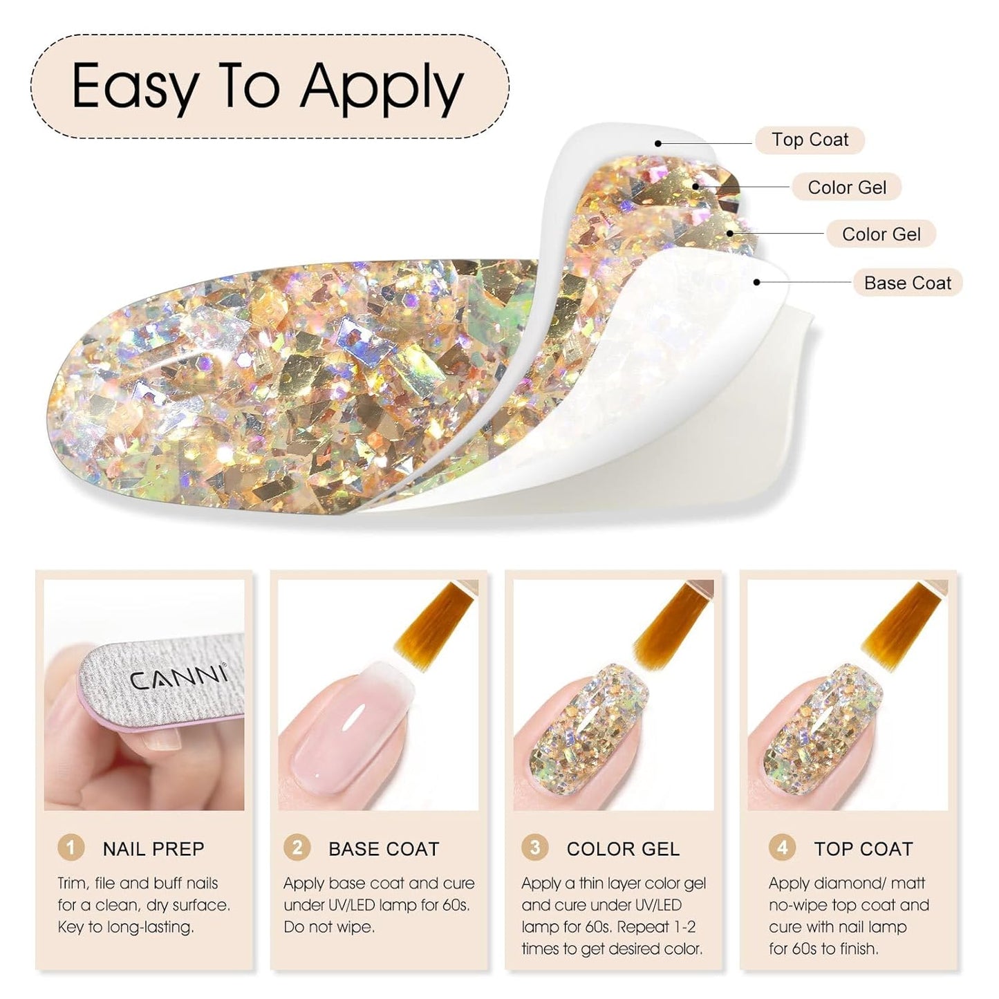 CANNI Glitter Gel Nail Polish – 9ML Broken Gold Prism Flash Gel Polish, Holographic Gold, Soak Off UV LED Nail Art Salon & DIY Manicure at Home