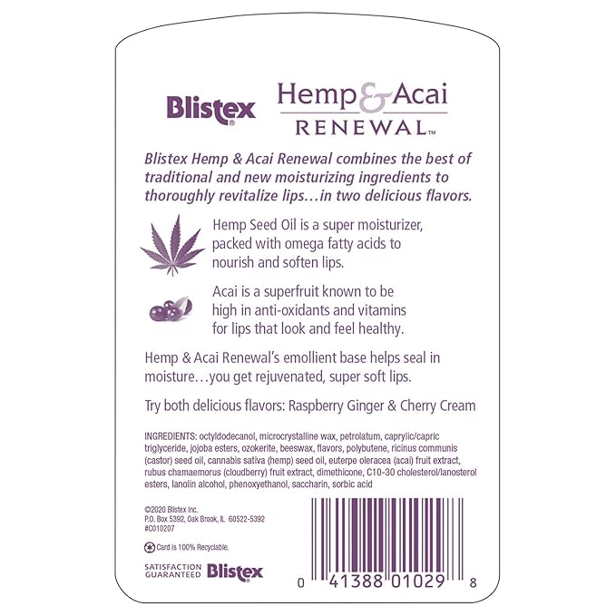 Blistex Hemp & Acai Renewal Lip Balm, 0.30 Ounce, 2 Count – Raspberry Ginger & Cherry Cream, Moisturizing Lip Balm, Super Fruit Benefits, Nourishes & Conditions Lips (Pack of 3)