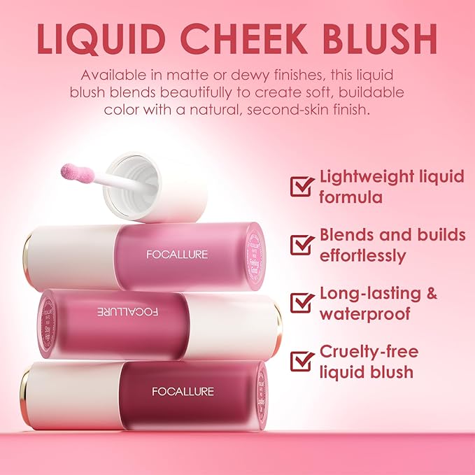 FOCALLURE Silky Cream Liquid Blush,Leaving a Matte Dewy Makeup Look,Easy to Apply and Create a Natural Flush,Long Lasting and Lightweight Cheek Blush Face Makeup,BABY DOLL