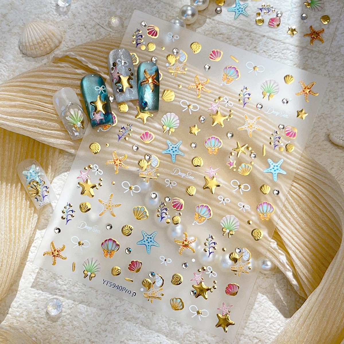1 Sheets Summer Beach Nail Decals for Nail Art Gold Seashell Starfish Nail Stickers with Diamond Designs Coral Conch Bow Nail Art Stickers 5D Self-Adhesive Ocean Nail Design Supplies for Women