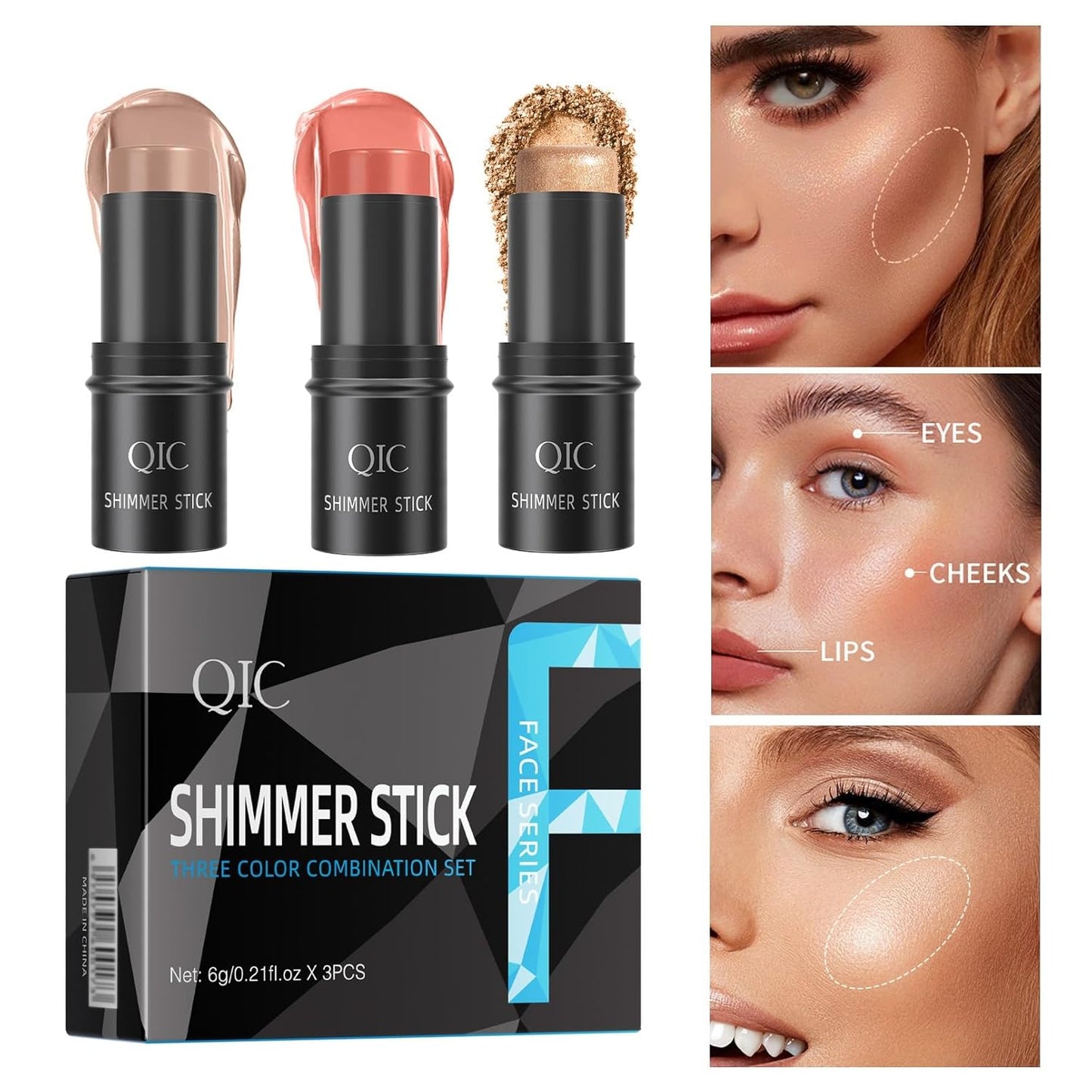 3 Colors Multi-Function Stick Set 3D Face Highlight Shadow Blush Stick, Highlighter Stick, Shimmer Cream Powder, Lasting Glow Finish, Creamy Self Sharpening Crayon Highlighter (3 In1)