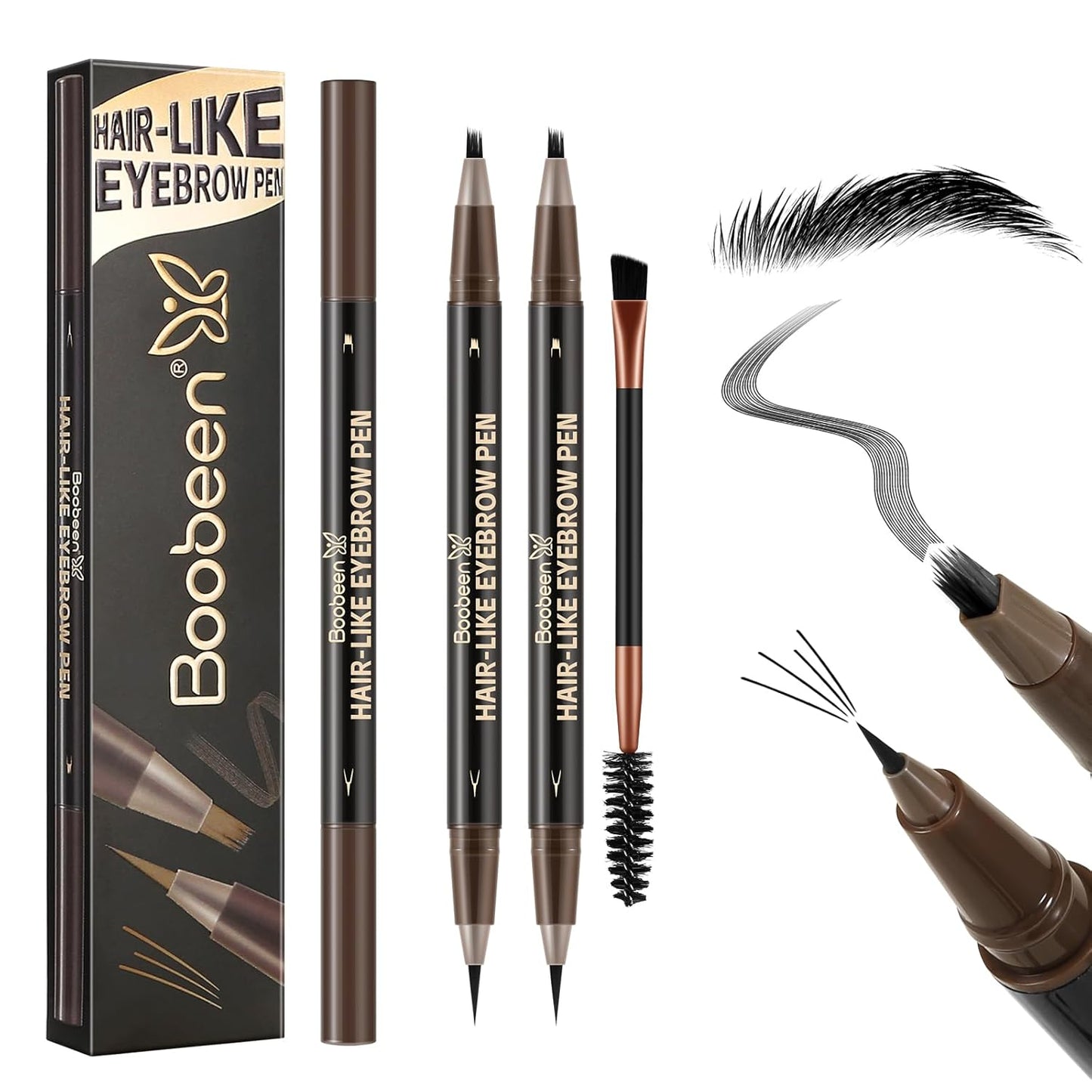 Boobeen 2pcs Waterproof Eyebrow Pen,Dual-Ended Eyeliner Microblading Eyebrow Pencil for Women,Long Lasting Hair-Like Brow Pen with Brow Brush,Dark Brown