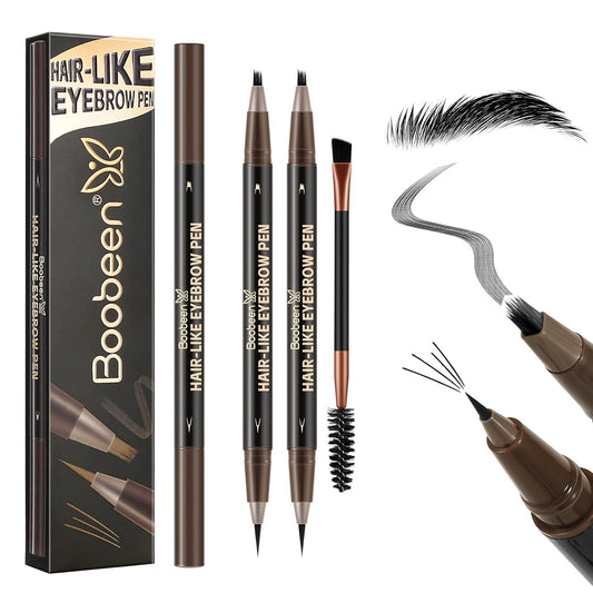 Boobeen 2pcs Waterproof Eyebrow Pen,Dual-Ended Eyeliner Microblading Eyebrow Pencil for Women,Long Lasting Hair-Like Brow Pen with Brow Brush,Dark Brown