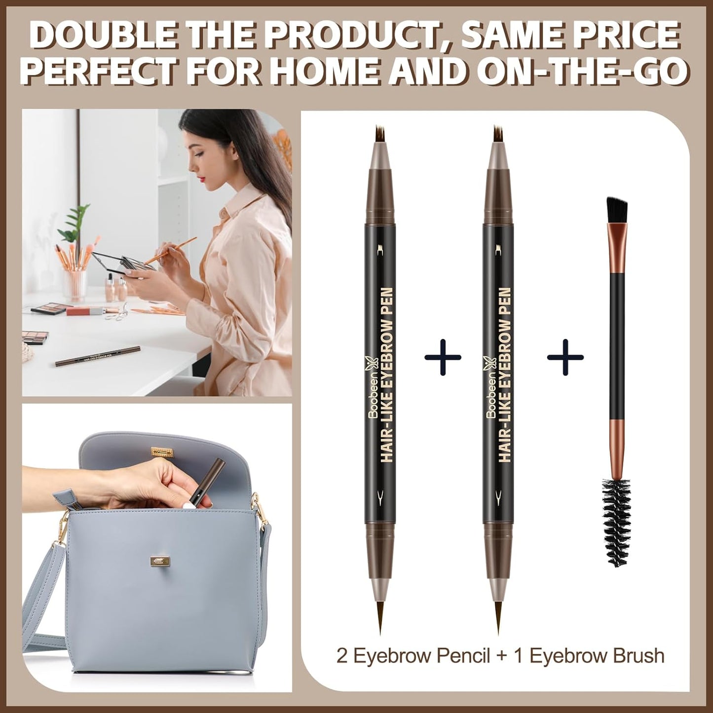 Boobeen 2pcs Waterproof Eyebrow Pen,Dual-Ended Eyeliner Microblading Eyebrow Pencil for Women,Long Lasting Hair-Like Brow Pen with Brow Brush,Dark Brown