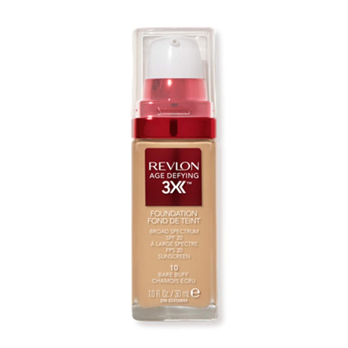 Revlon Liquid Foundation, Age Defying 3XFace Makeup, Anti-Aging and Firming Formula, SPF 30, Longwear Medium Buildable Coverage with Natural Finish, 010 Bare Buff, 1 Fl Oz