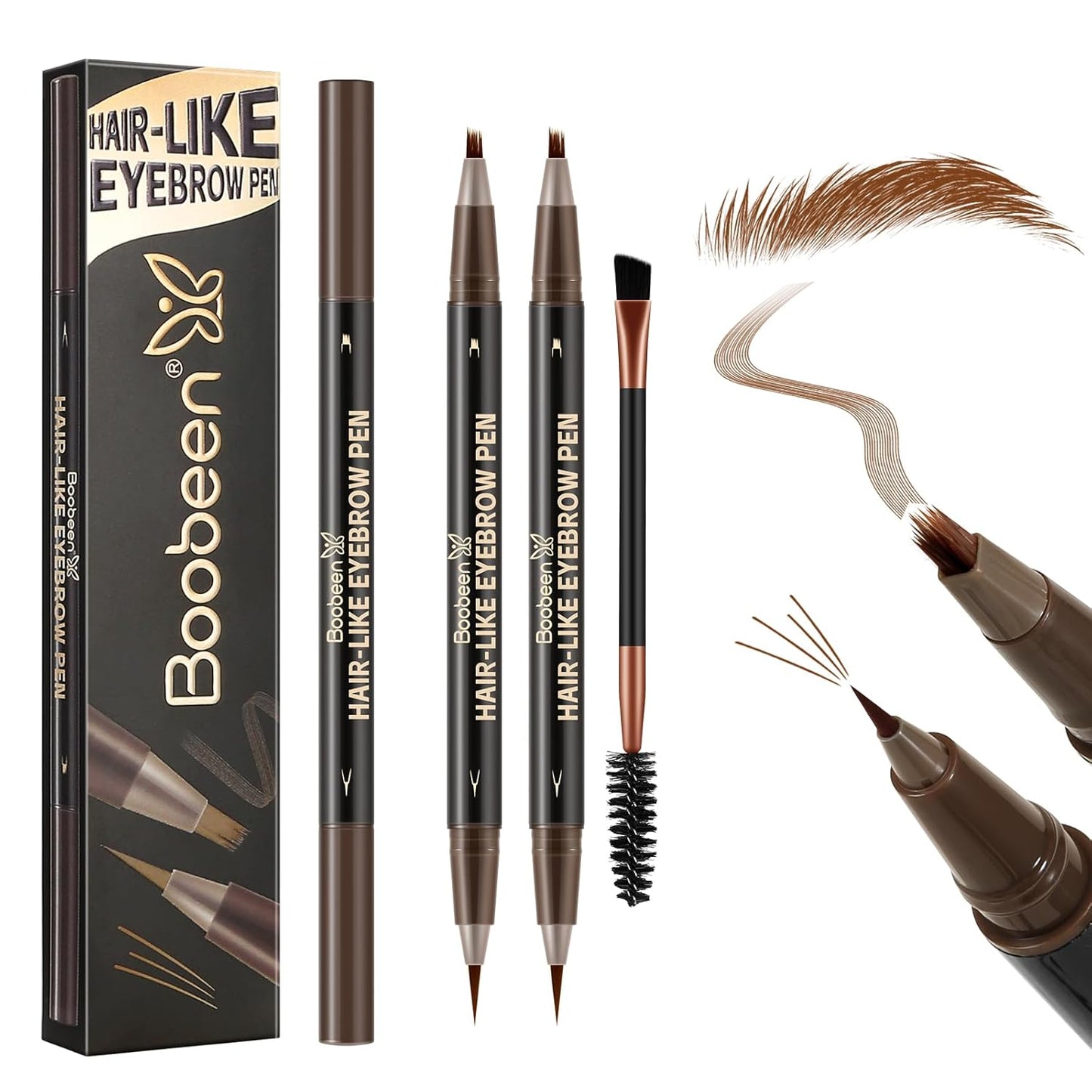 Boobeen 2pcs Waterproof Eyebrow Pen,Dual-Ended Eyeliner Microblading Eyebrow Pencil for Women,Long Lasting Hair-Like Brow Pen with Brow Brush,Dark Brown