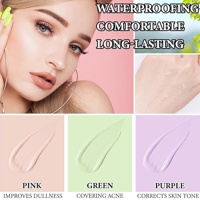 One Step Color Corrector,Natural Isolation Cream,Face Primer Makeup Tricolor Moisturizer,Correcting Primer Concealer Foundation,Setting Powder,Makeup Brushes,Makeup Sponges๏ผ4PCS)