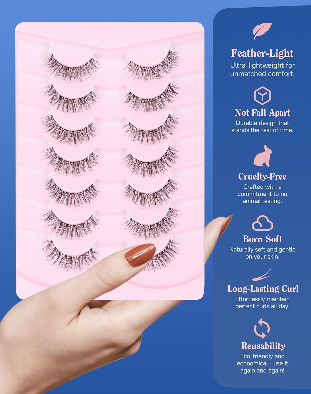 Short Lashes Natural Look Everyday Wispy Eyelashes Mink Flared Eyelashes Strip False Eye Lash Soft Clear Band 7 Pairs SF-05