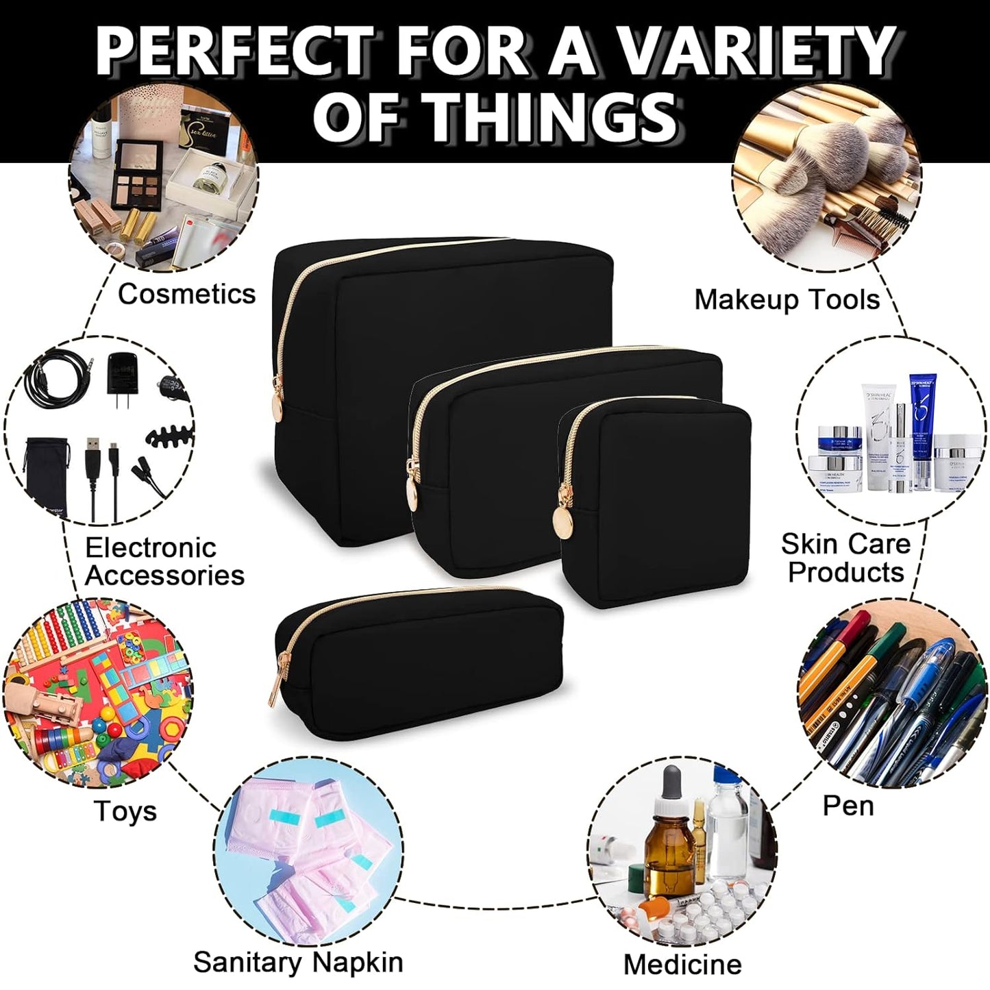 Waterproof Small Pencil Case Makeup Bag for Purse,Cute Pencil Pouch Preppy Nylon Makeup Brush Holder with Zipper,Girls Portable Storage Case Small Pen Bag for Office(Slim-Black)