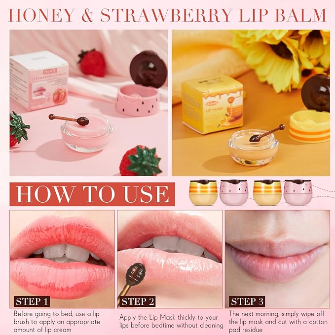 12 Pcs Bee Lip Balm Honey Pot with Brush Propolis Lip Mask Overnight, Moisturizing Hydrating Lip Sleeping Mask Prevention Dry and Cracked(Honey+Strawberry)