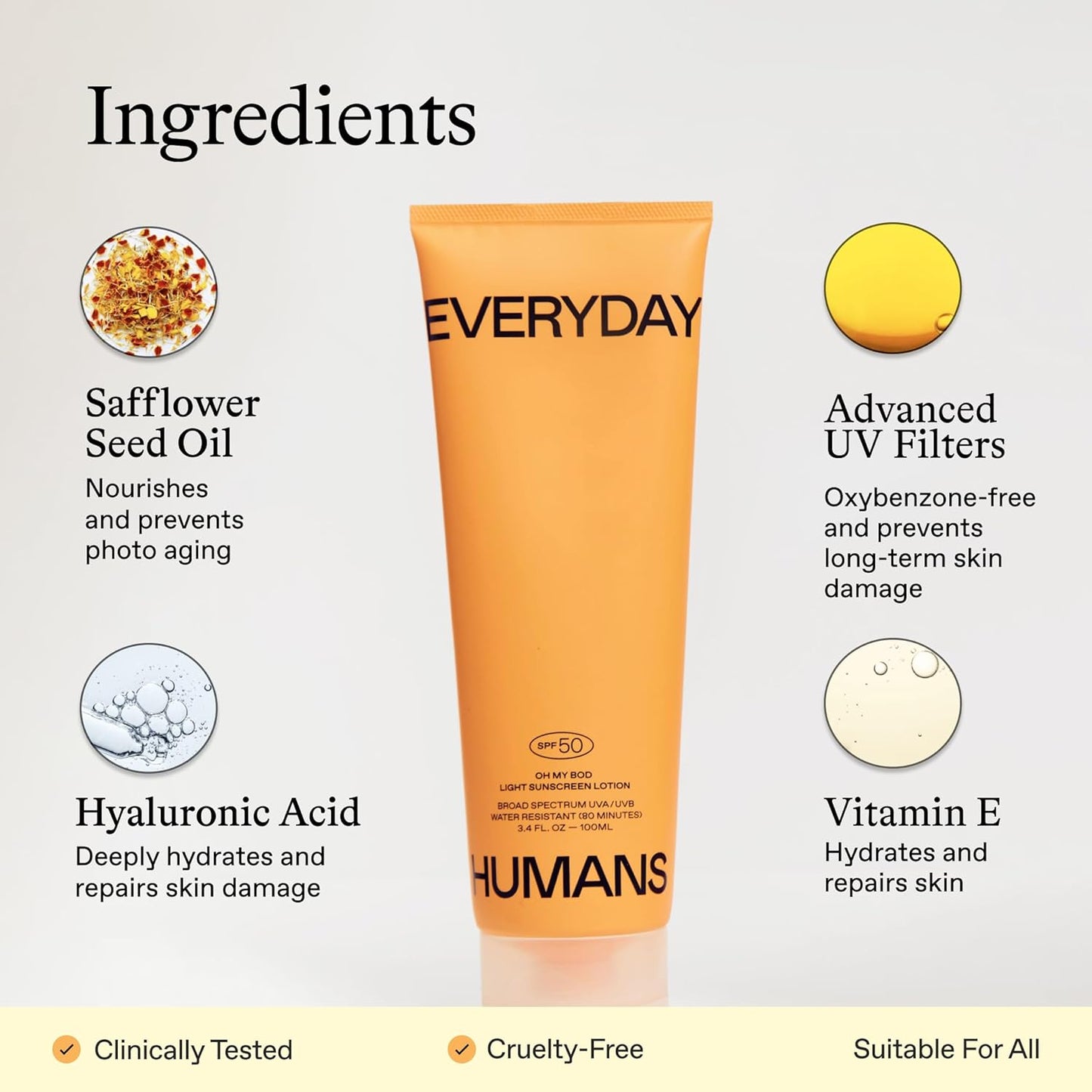 Everyday Humans Oh My Bod SPF50 Sunscreen Body Lotion 3.4 oz | Travel Ultra Light & Invisible SPF | Sweat & Water Resistant | Doesn't Sting Eyes | UVA/UVB Broad Spectrum Protection | Oxybenzone Free