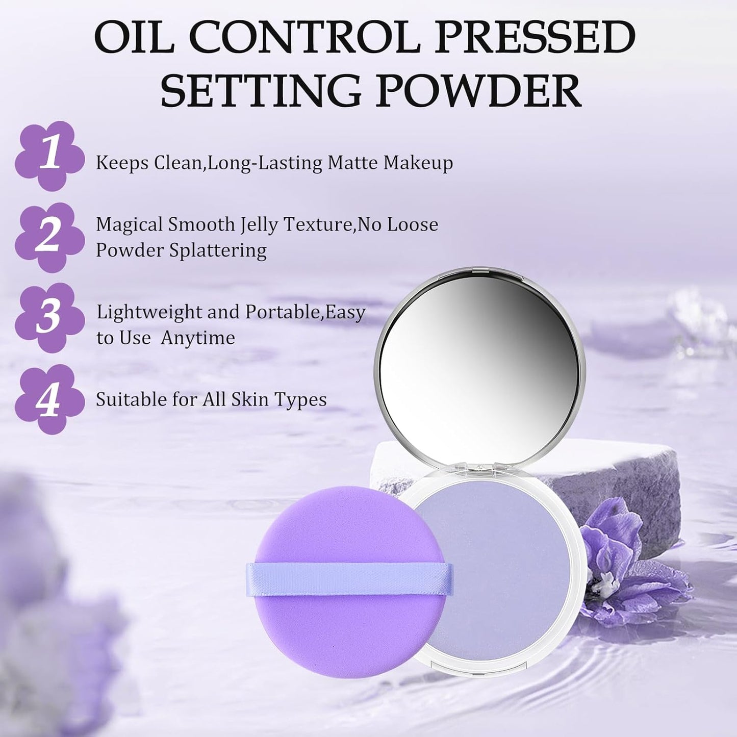Chillab Lavender Matte Powder,Lavender Jelly Pressed Powder Matte Powder Oil Control,Chillab Polvo Compacto with Mini Powder Puff for Silky Blurring Oil Control Long-Lasting Makeup(2PCS) (2PCS)