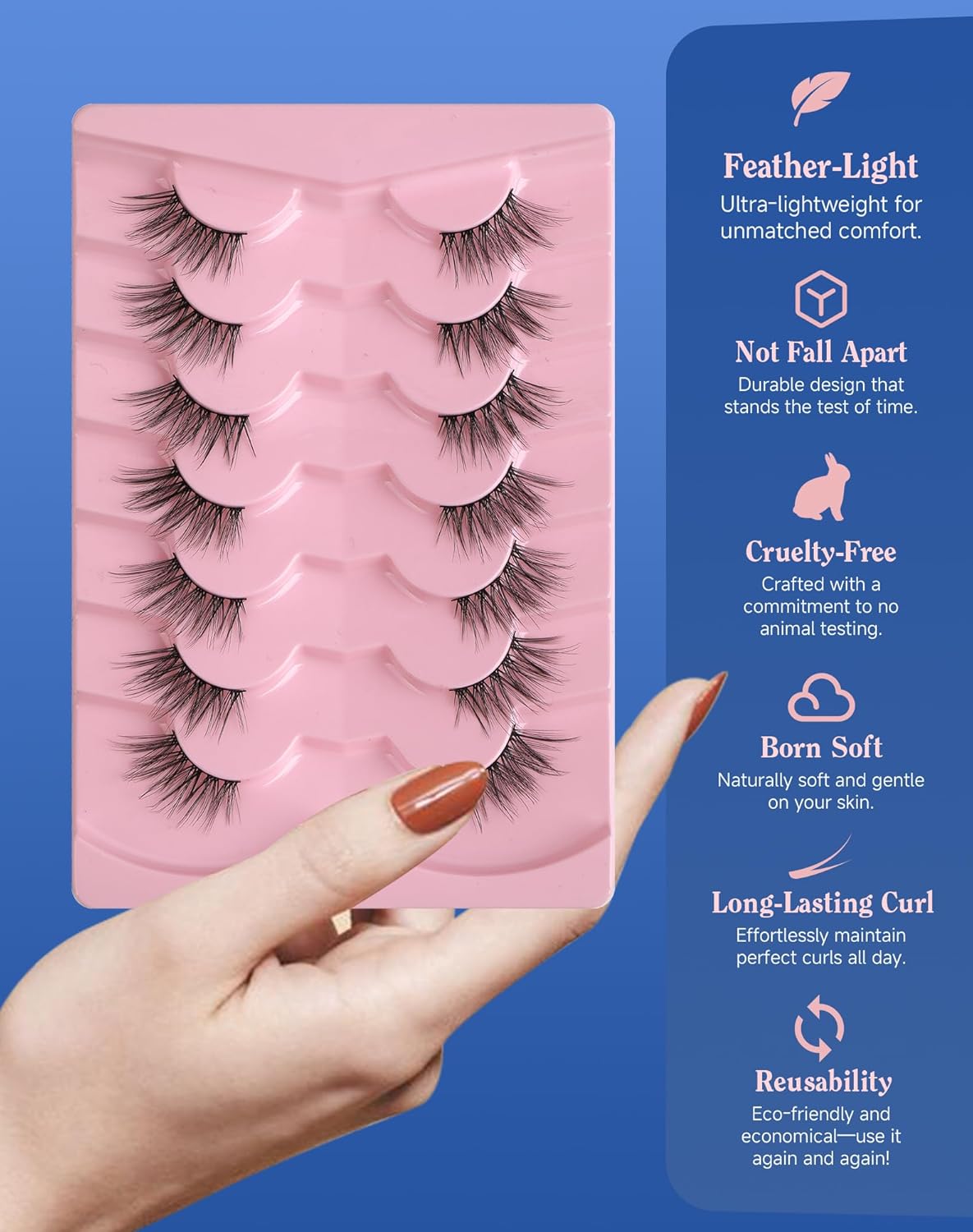 Half Lashes Natural Eyelashes 3/4 Wispy Lashes Natural Look Cat Eyelash False Corner Lash Long Strip Fluffy Pack 7 Pairs 16MM D18