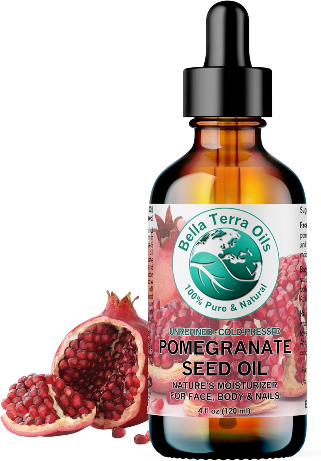 Bella Terra Oils - Organic Pomegranate Seed Oil 4 oz - A Powerhouse of Nutrients & Essential Fatty Acids, Delightfully Cold-Pressed for Pure Skin Nourishment