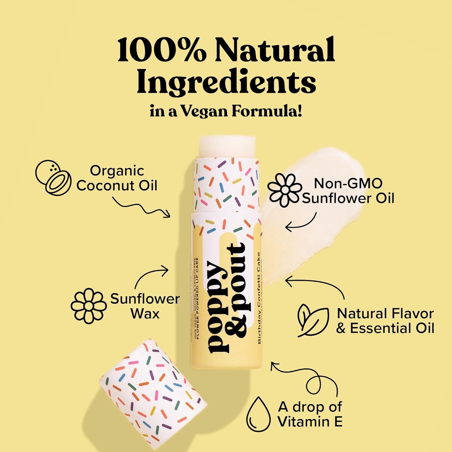 Poppy & Pout Birthday Cake Jumbo Lip Balm | All Natural Lip Balms & Moisturizers | Hydrates with Beeswax, Vitamin E, Organic Coconut Oil | Cruelty-Free | Lip Balm in Recyclable Cardboard Tube (Yellow)