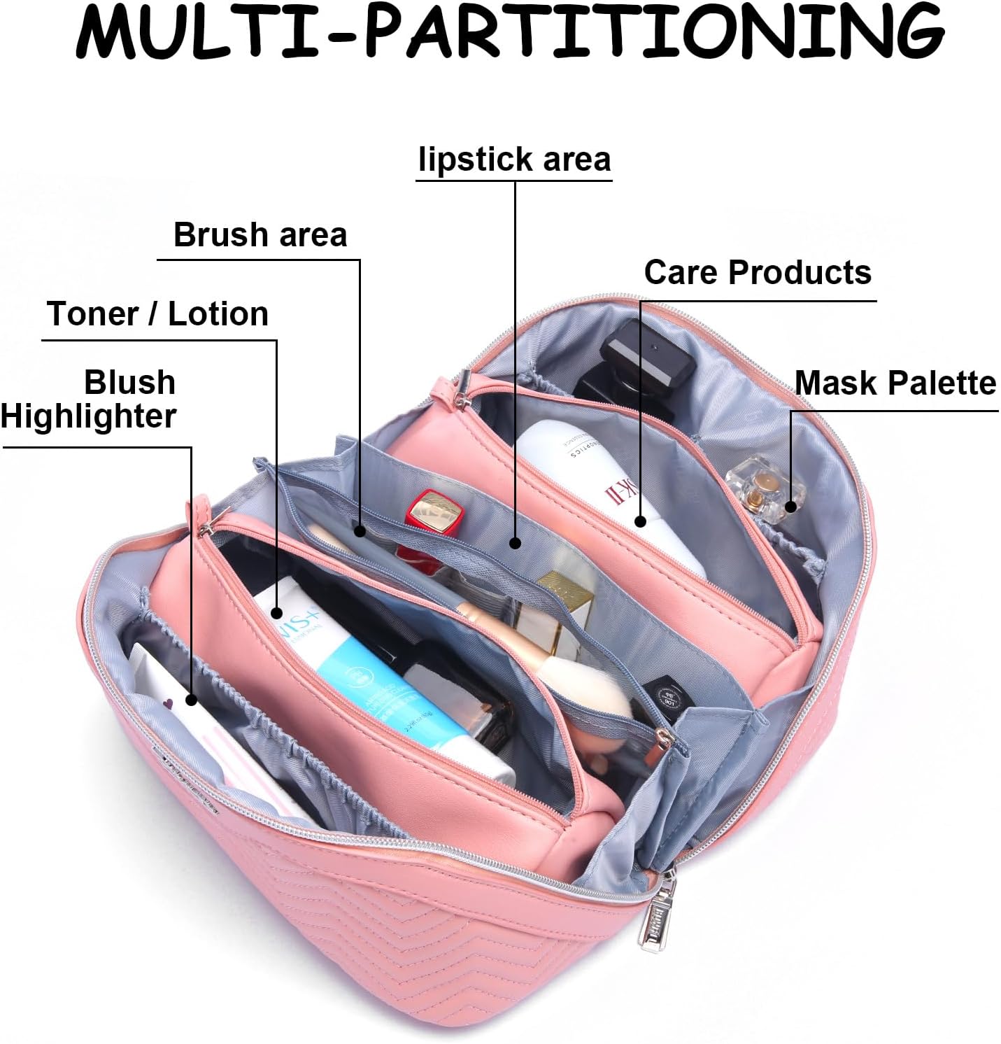 Travel Makeup Bags Cosmetic Organizer Bag: Quilted Make up Bag Set of 3 - PU Leather Toiletry Bags for Women - Portable Makeup Organizer with Compartments & Handle & Divider (14-Pink)