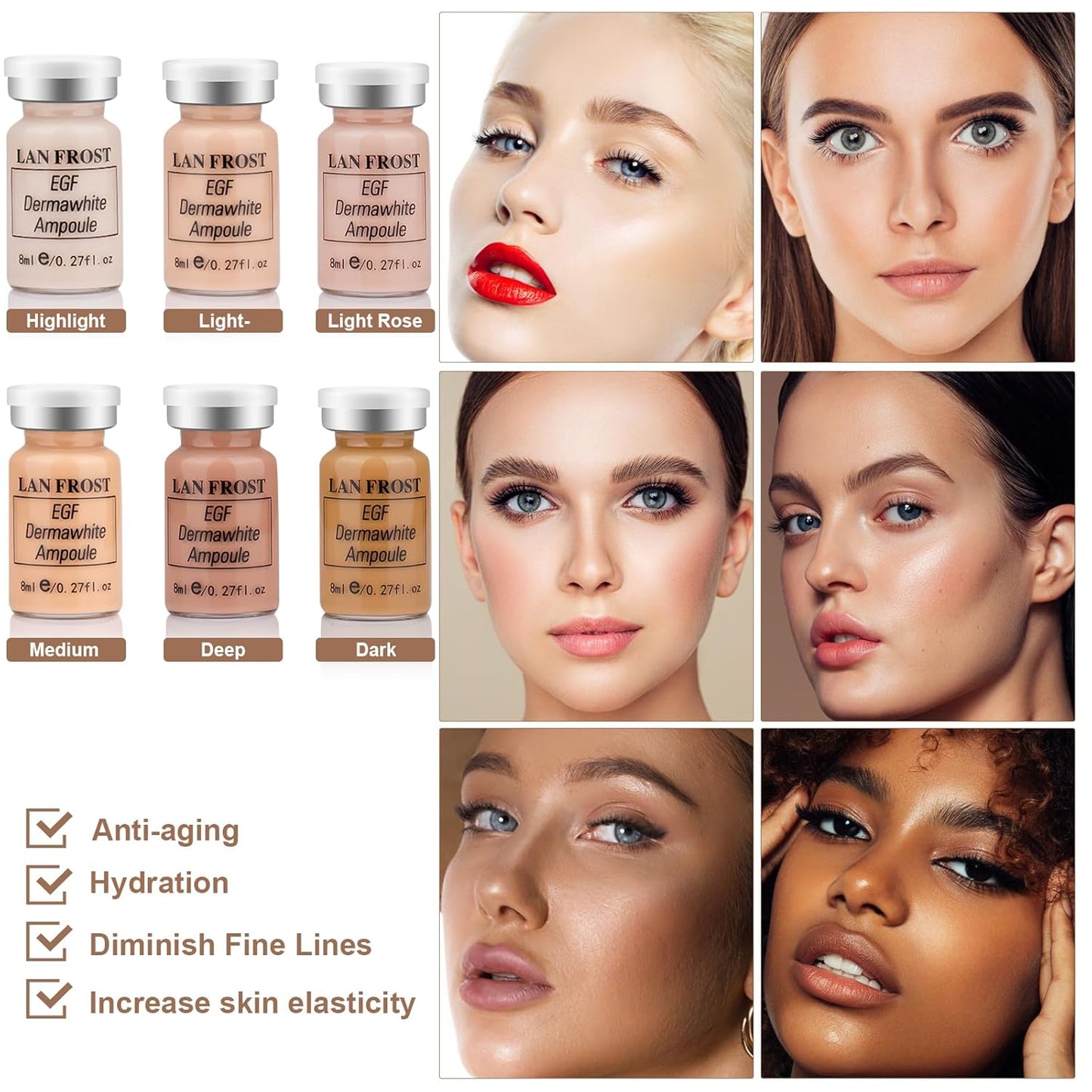 BB Facial Glow Serum Starter Kit Hyaluronic Acid Essence Foundation Skin Care Kit 0.27oz 6 Vials, Combined With Niacinamide and Peptides To Brighten Skin Tone Anti-Aging Foundation 6-Color(Multicolo)